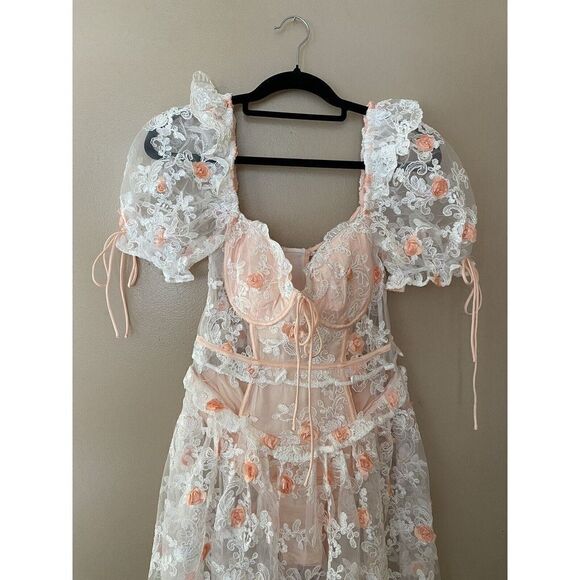 For Love and Lemons Tessa White Floral Appliqué Embroidered Midi Dress Sz M $369 - Picture 14 of 16